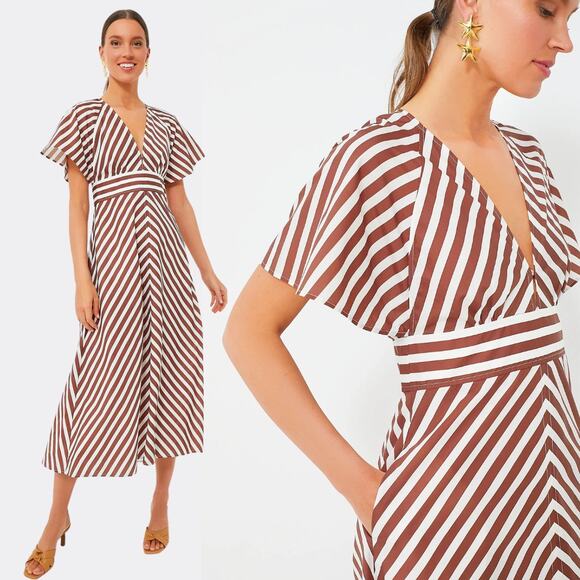 NEW Oroton Dress Striped V-Neck Flutter Sleeve Midi Dress Brown White Size 8 - Picture 1 of 10